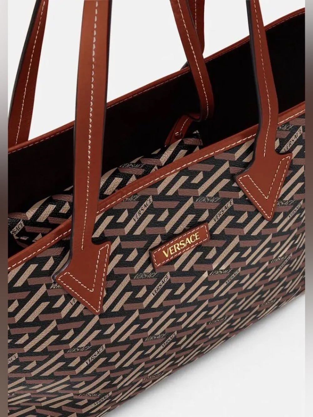 VERSACE LA GRECA Brown and Tan Signature Geometric Tote
